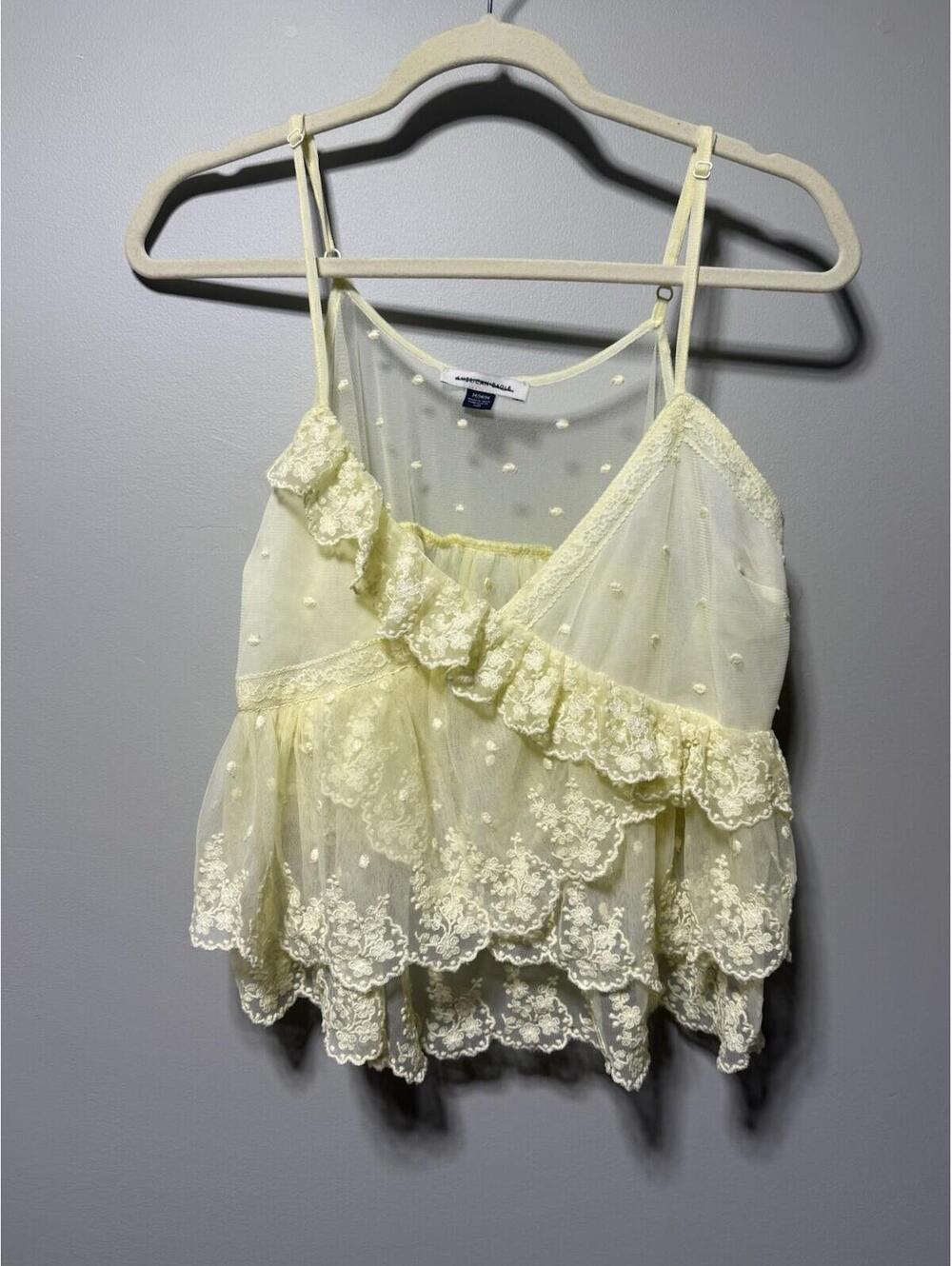 American Eagle Butter Yellow Lace Tiered Ruffle Sheer Tank Top M Boho Festival